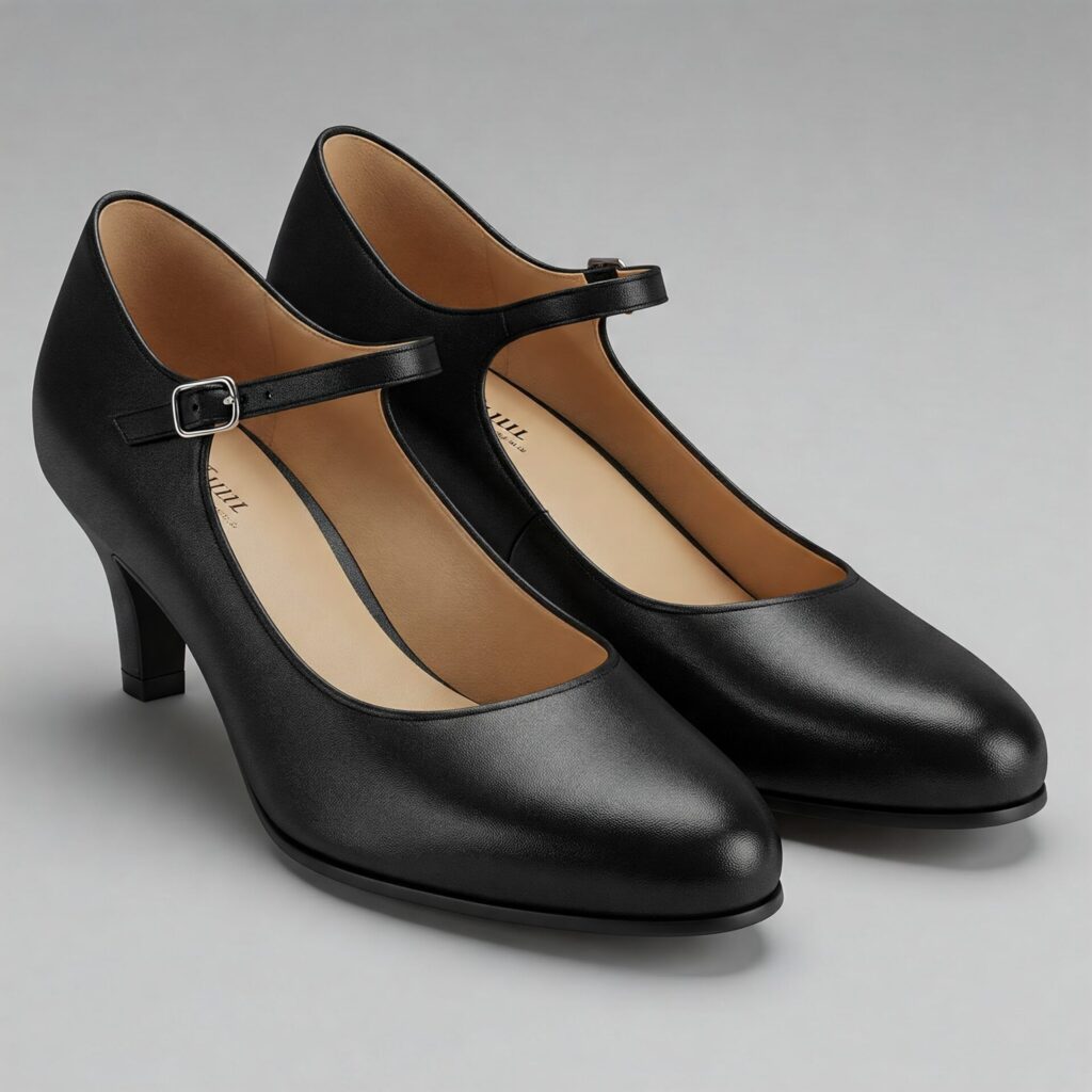 お葬式におすすめ女性向けの靴　黒革製ストラップパンプス