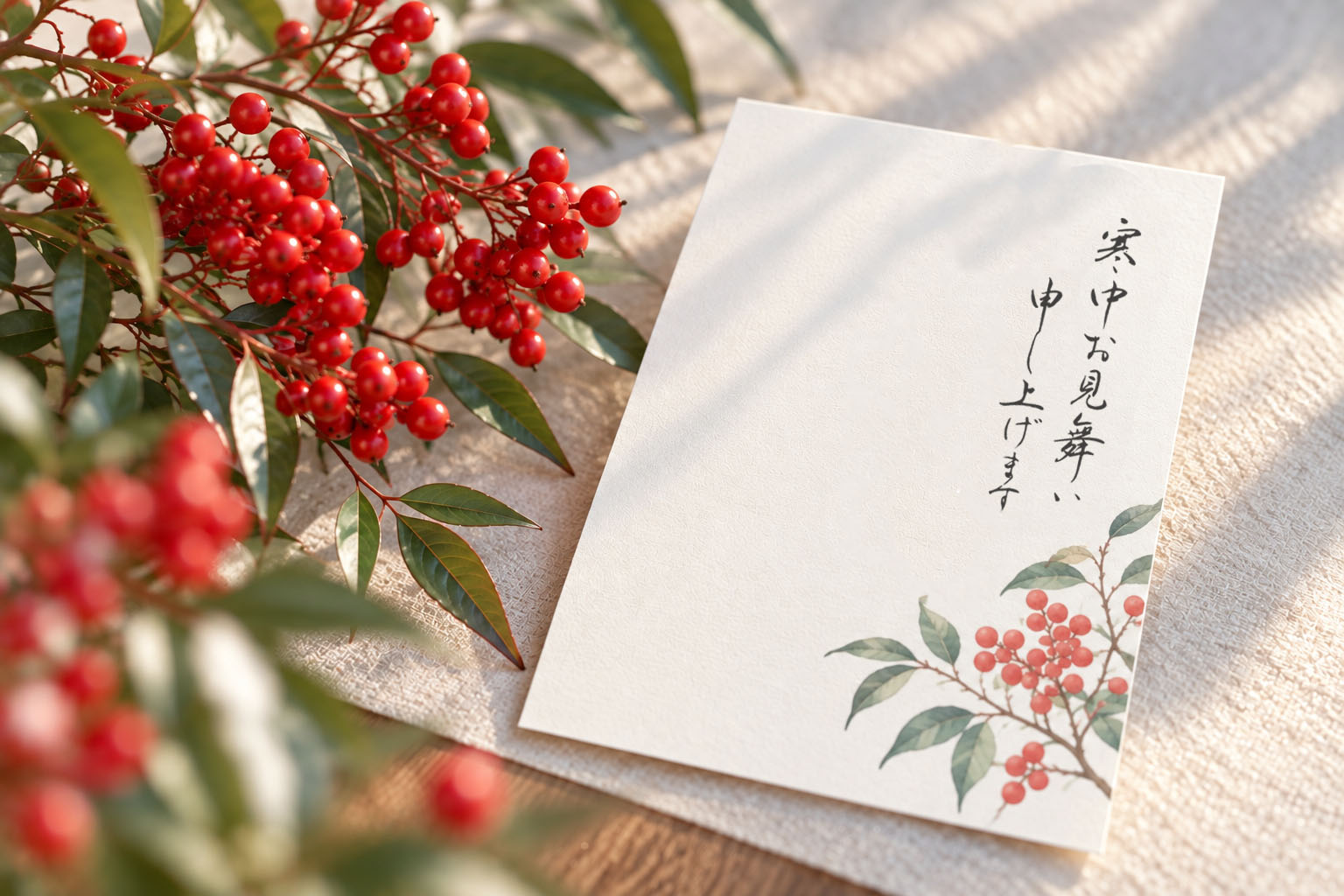 寒中見舞いの葉書と南天