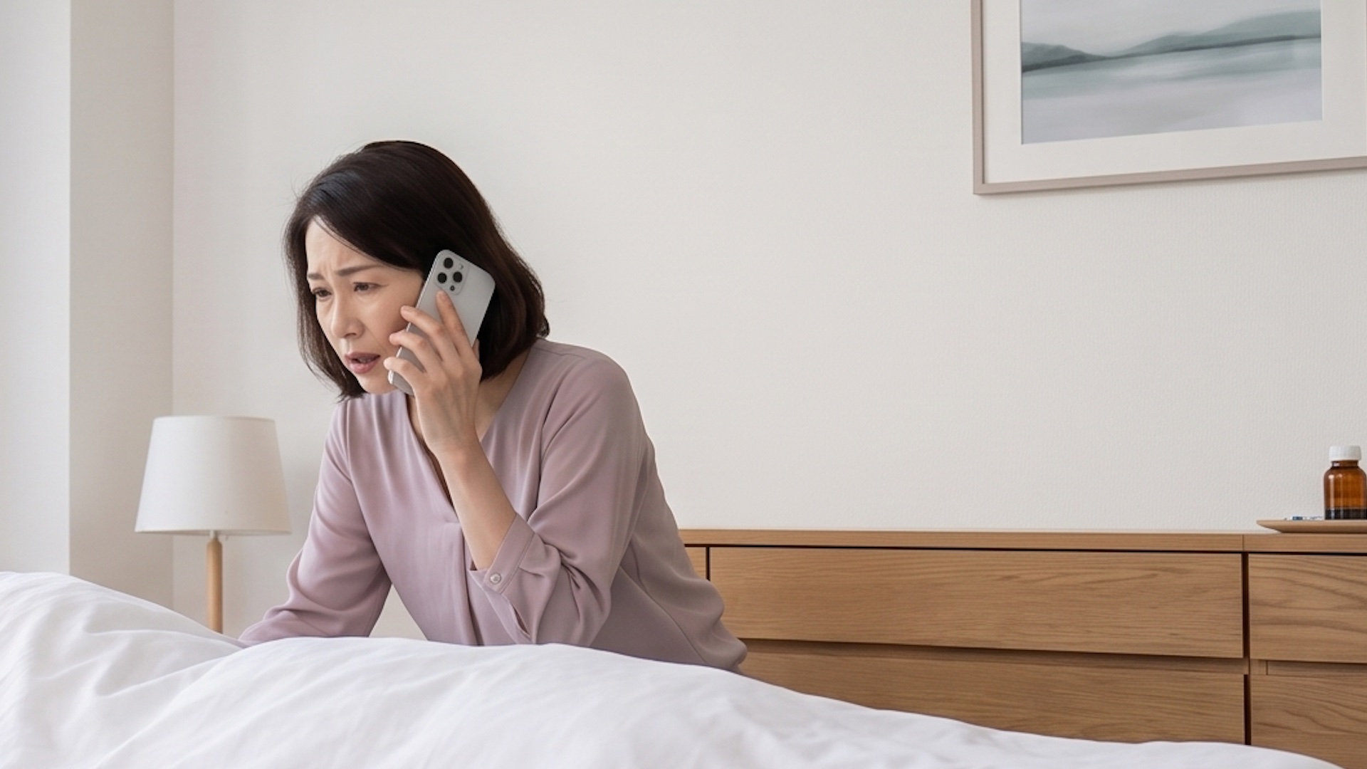 ベッドを見つめて不安そうな様子で電話をかける女性